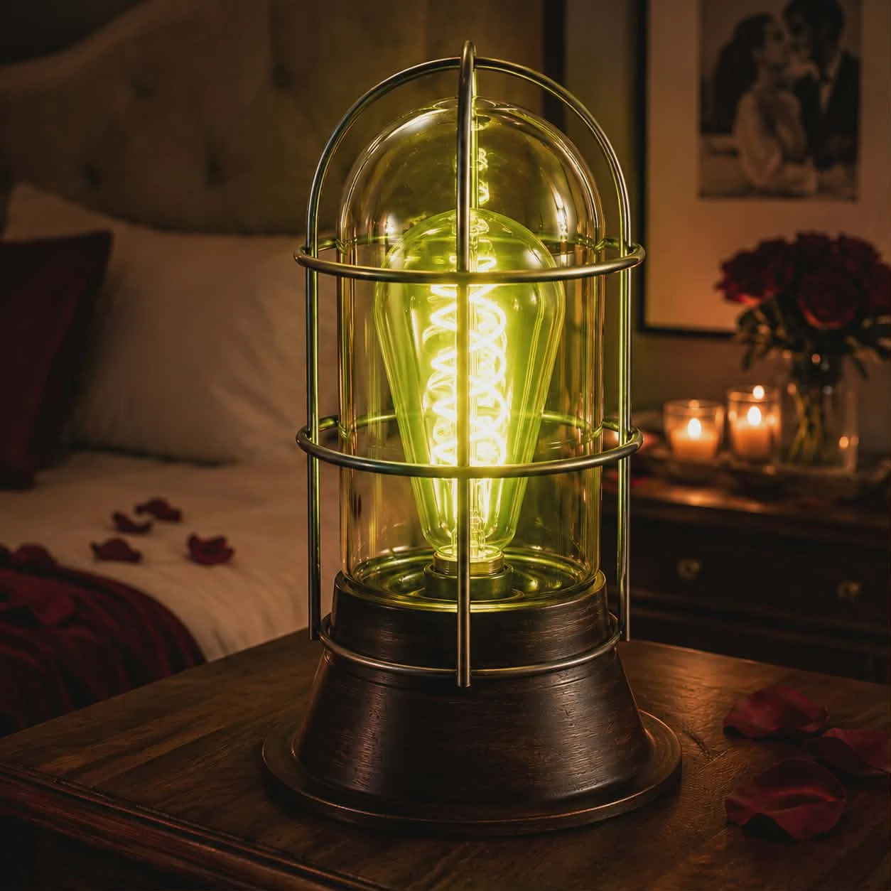 Giving the Green Light brass-cage bedside lamp design