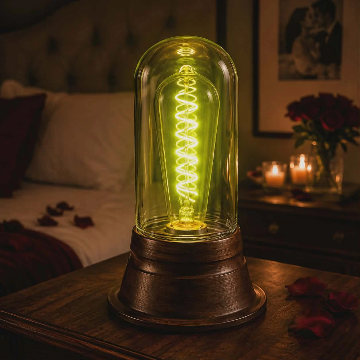 Glass Dome lamp on a bedside table