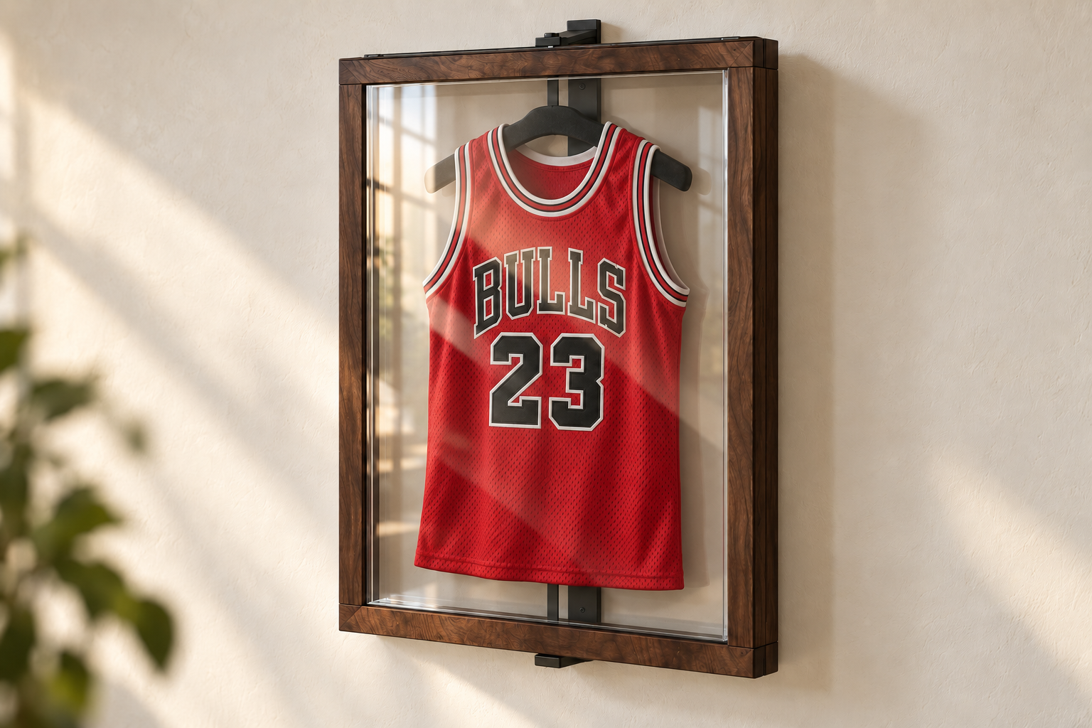 Red basketball jersey enclosed behind clear acrylic in a walnut frame