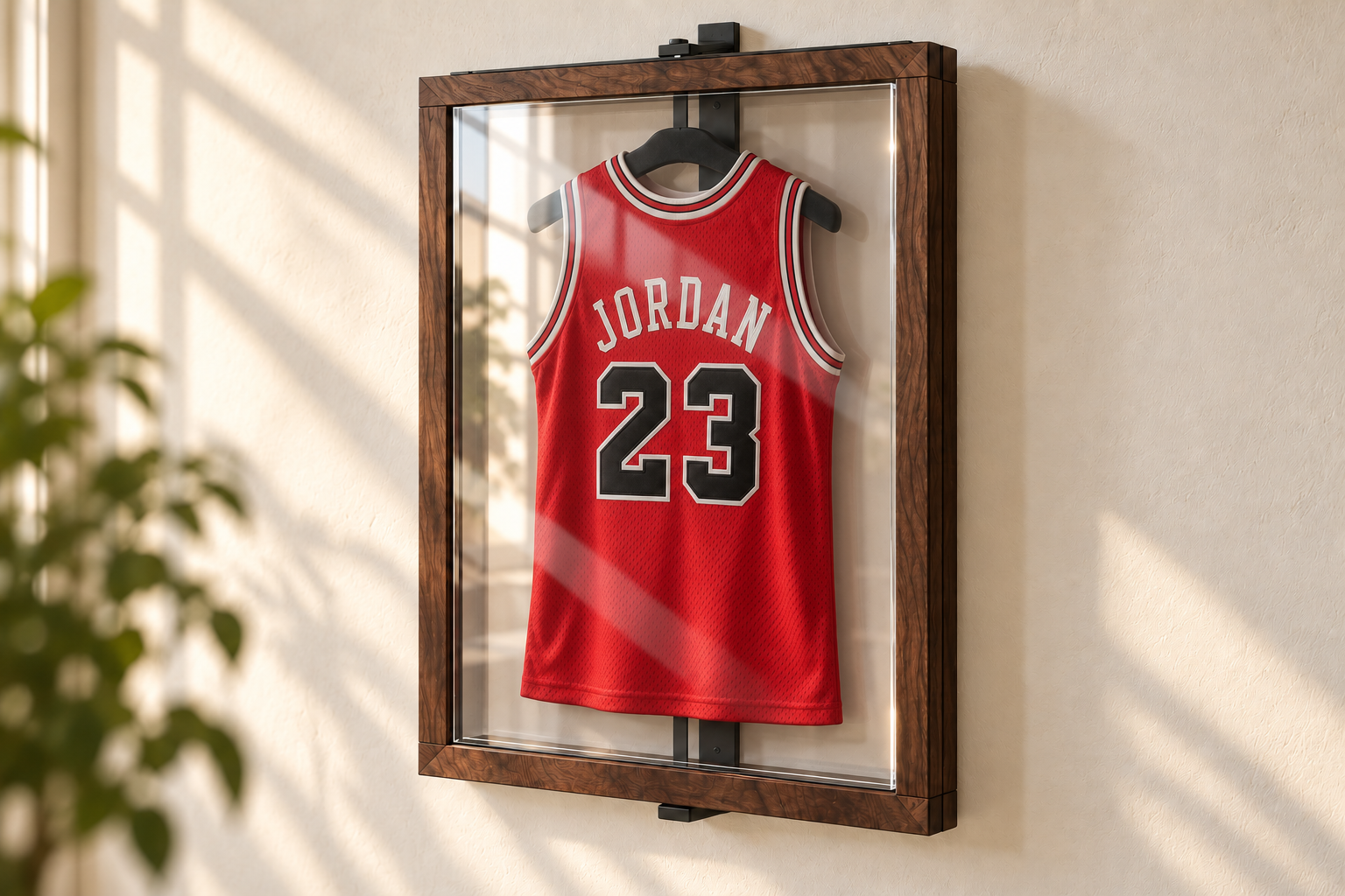 Back of a basketball jersey, showing Jordan 23 behind acrylic