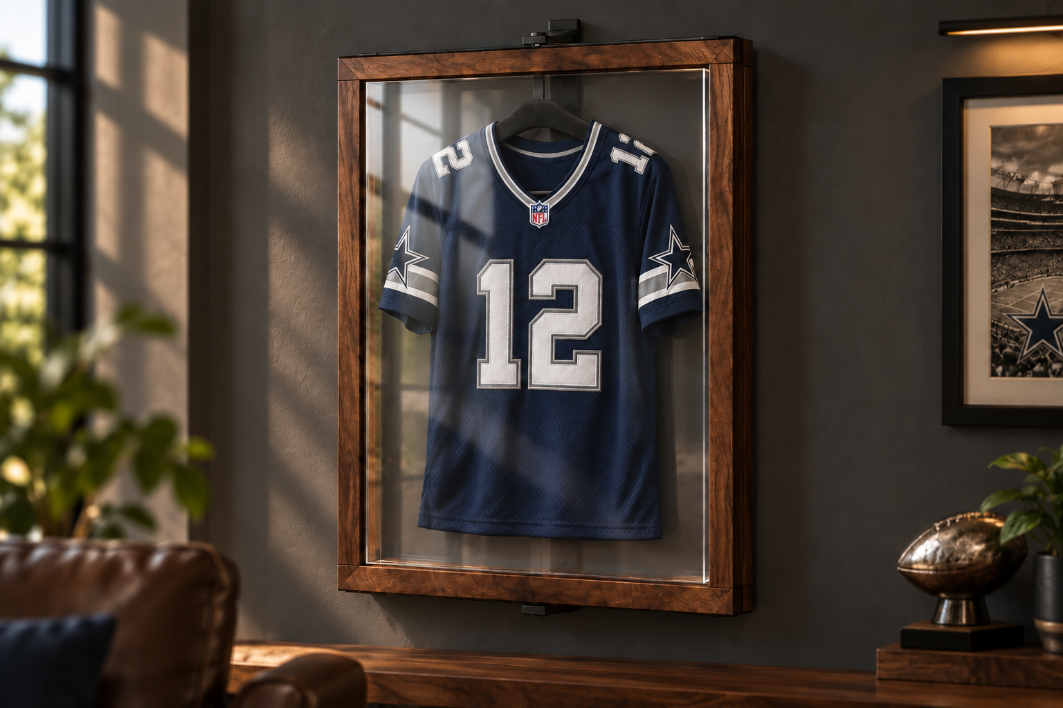 Football jersey enclosed in a walnut display in a home sports lounge