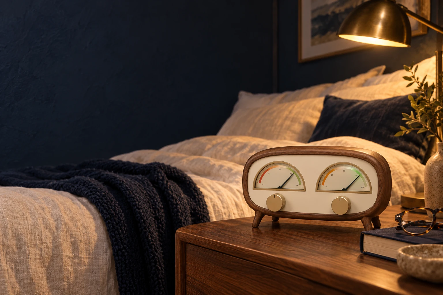 Mood Meter on a walnut bedside table beside warm lamplight and ivory linen