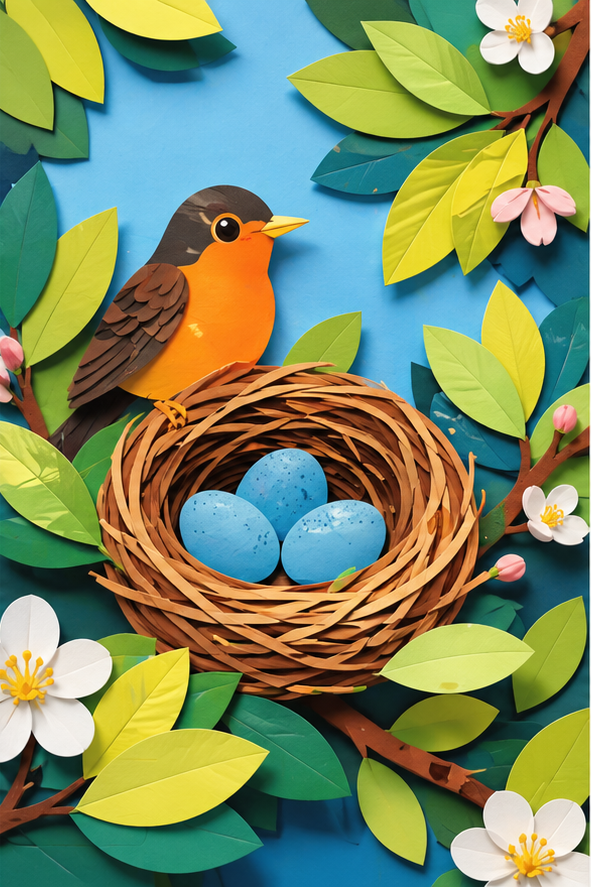 A friendly paper-cut robin nest illustration